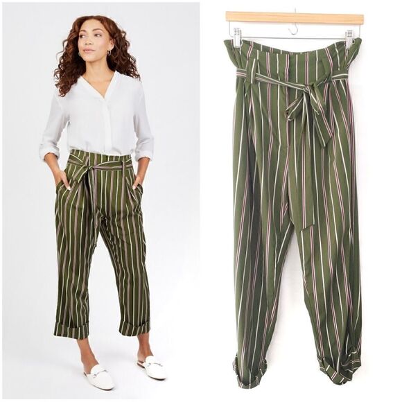 J.O.A. Pants - JOA High Waist Pants Green Stripe Medium Belted